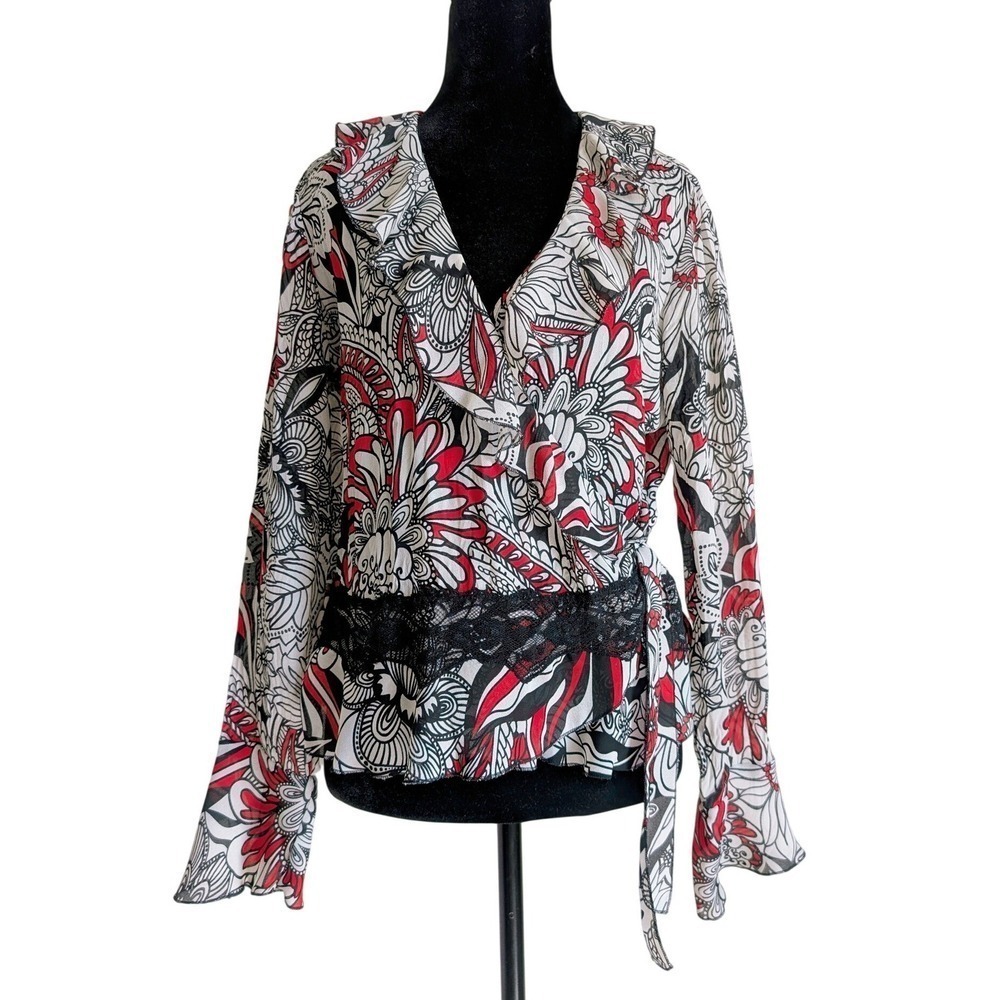 Vintage Y2K Whimsigoth Dark Floral Flowy Floral Bell sleeve Lace Blouse